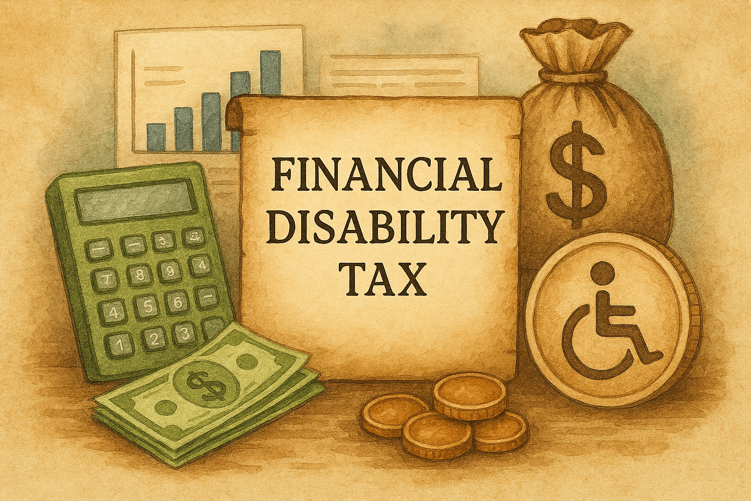 Illustration of financial disability tax concept with parchment text, calculator, dollar bills, coins, money bag, and accessibility symbol.