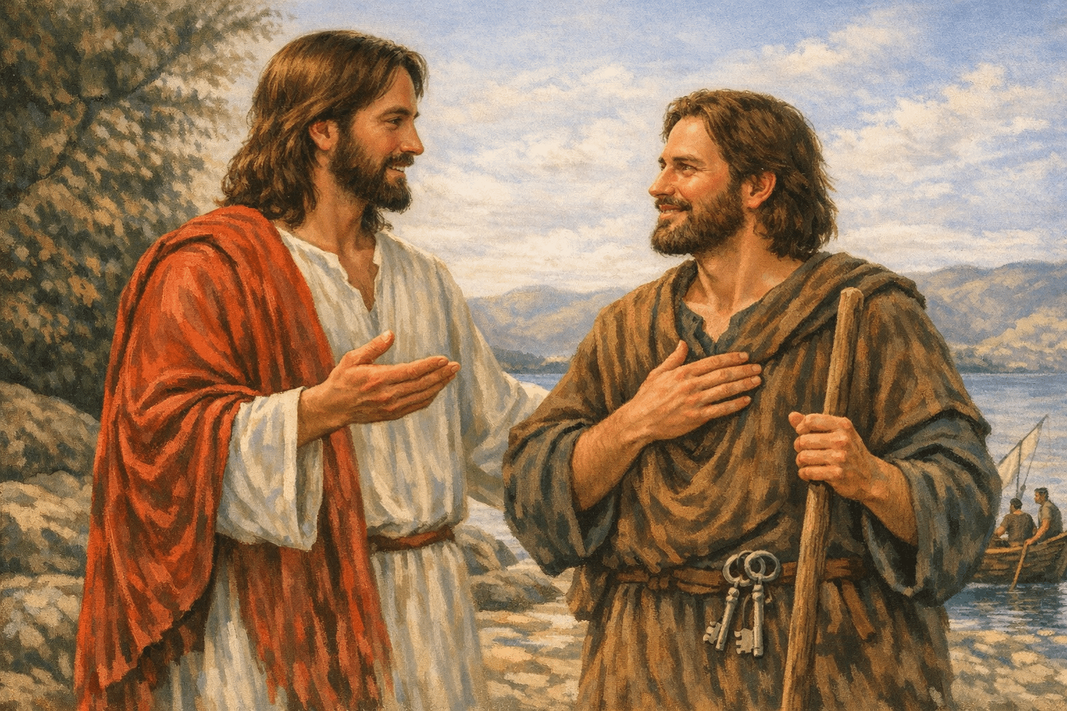 Jesus Christ speaks with Saint Peter by the Sea of Galilee, both depicted as similarly aged men in simple robes, with fishing boats in the background.